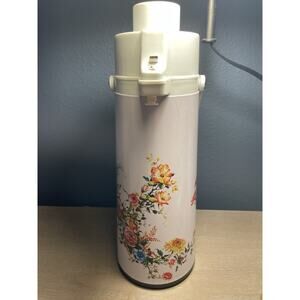 Vintage Whale Brand Hot Water Pump Tin Thermos Bottle 70s Floral Pattern Taiwan
